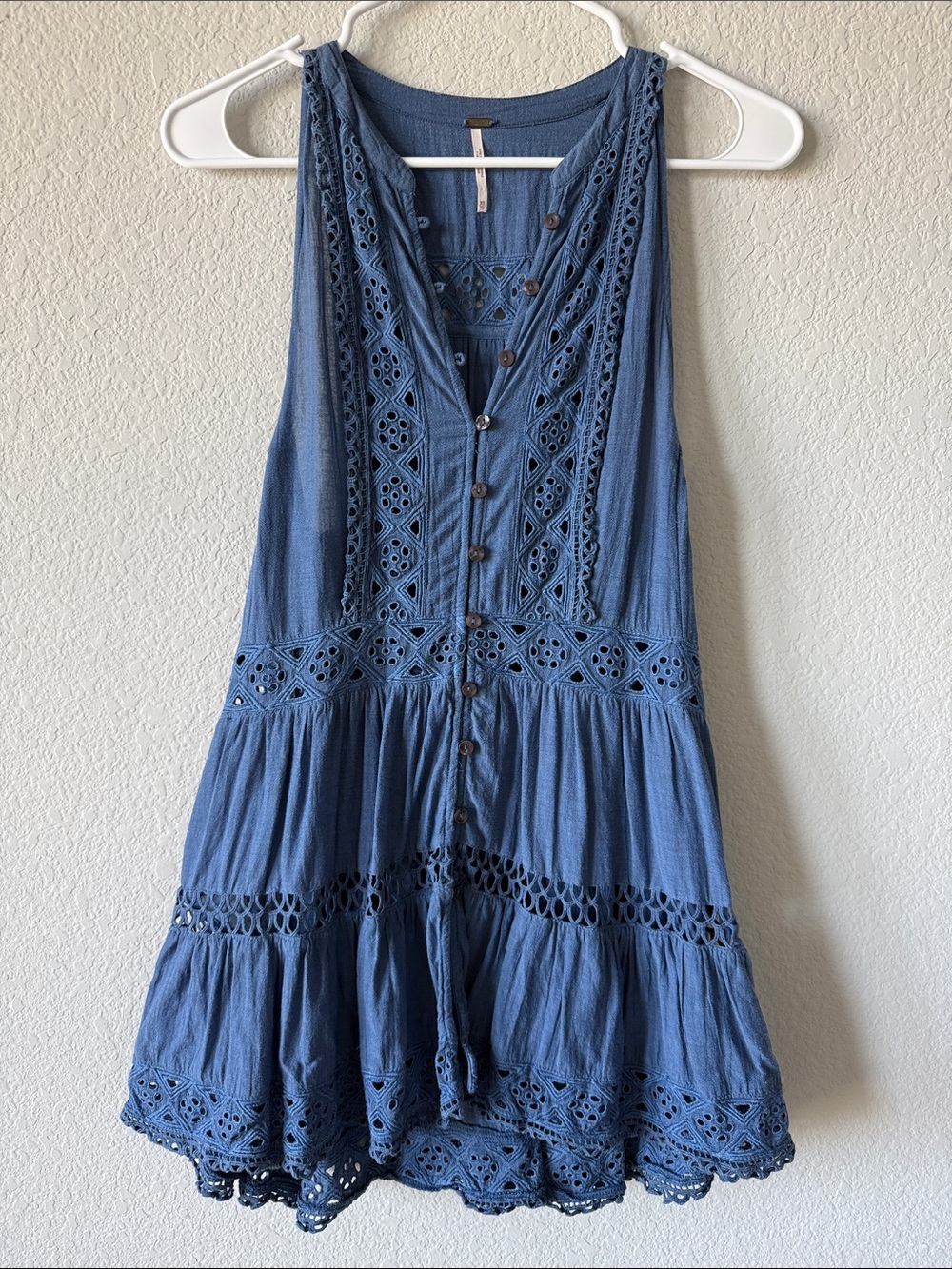 Free People Indigo Crochet-Trim Tiered Halter Tunic